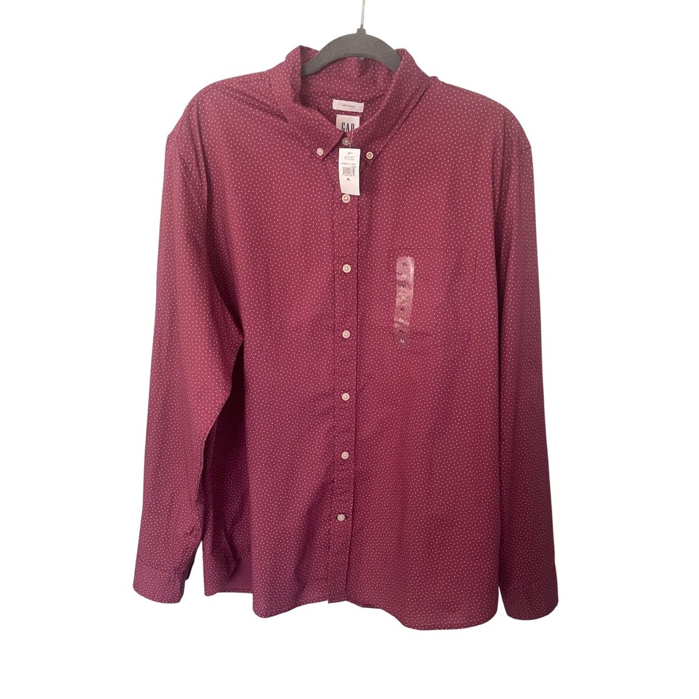 Gap Mens XL Untucked Button Down Shirt Burgundy Polka Dot Long Sleeve Cotton NEW